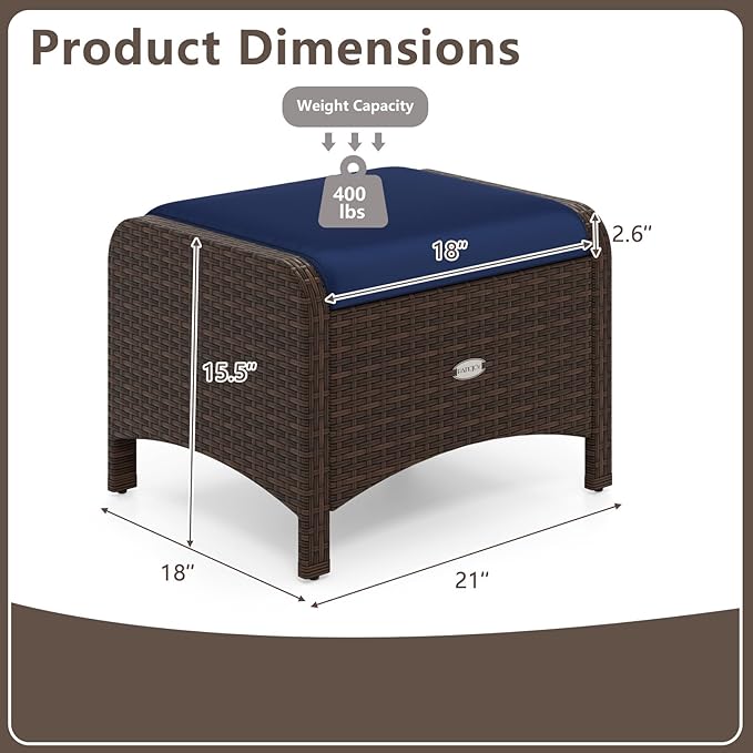RELAX4LIFE Wicker Outdoor Ottomans for Patio - Set of 2 Rattan Footstools w/Removable Cushions, Multipurpose Outside Foot Rest, Side Table & Additional Seating for Porch Garden Backyard (Navy)