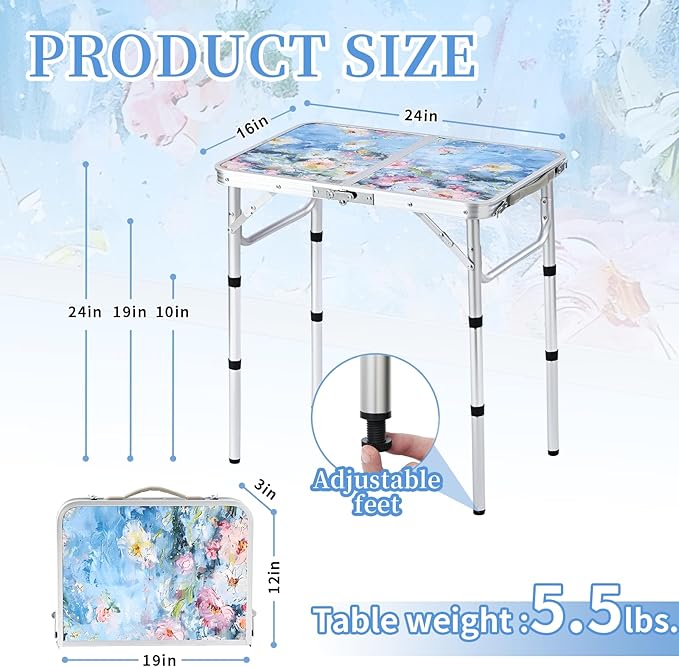 Outdoor Side Table, Portable 3 Adjustable Height Small Outdoor Folding Table, Aluminum Foldable Patio Side Tables for Outside Indoor, Plant Stand Coffee End Table for Garden, Balcony(Provence Dreams)