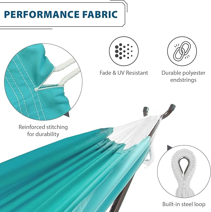 Vivere Double Cotton Hammock with Space Saving Steel Stand, Upgraded Polyester End Strings 450 lb Capacity - Premium Carry Bag Included - (Aruba)