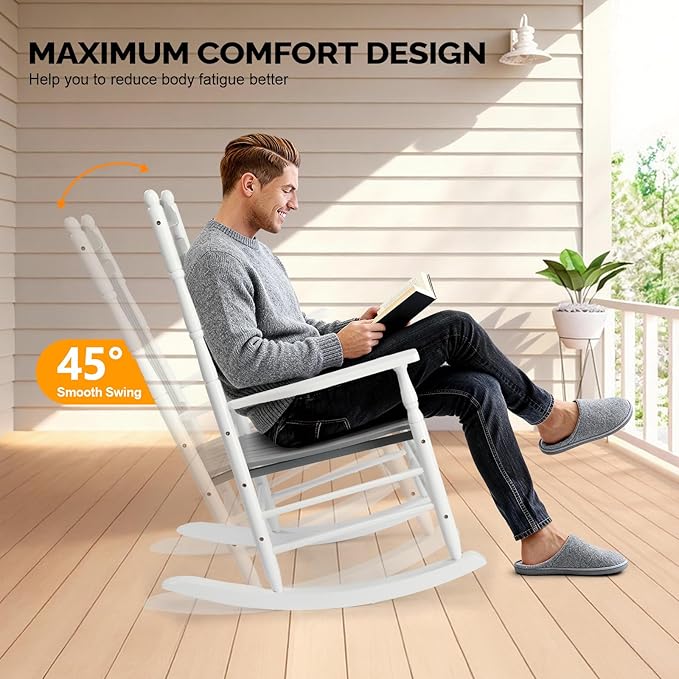 VINGLI Wooden Rocking Chair, Outdoor Chair with 450 lbs Support, Relaxing Rocker with Solid Wood High Back Seat Reclining Seat for Deck, Garden, Backyard, Porch (White & Grey, 1PC)