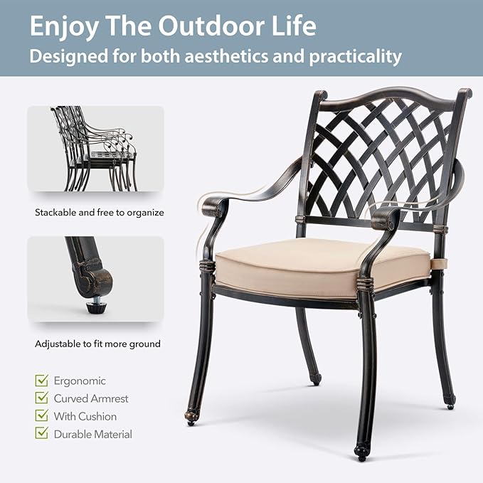 9-Piece Cast Aluminum Patio Furniture, Outdoor Dining Sets for 8 Include 87" Rectangular Patio Dining Table, 6 Stackable Chairs & 2 Swivel Chairs with Cushions & Umbrella Hole(Bronze)