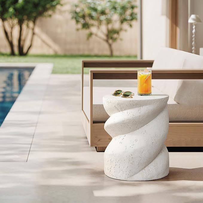 LuxenHome Outdoor Side Table, 19” MgO Accent Table for Patio, Distressed Round Spiral End Tables, Outdoor Concrete Side Tables for Porch, Backyard, Outside, Drum Table, Plant Stand, Ivory