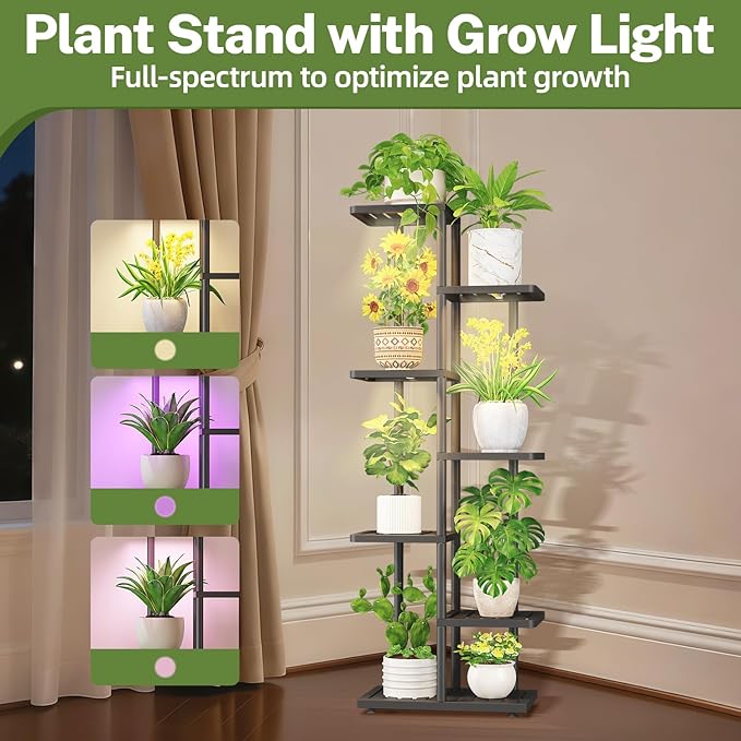 iDavosic.ly Plant Stand with Grow Light Indoor Outdoor, 6-Tier Tall Metal Flower Shelf for Heavy-Duty Large Planters, Corner Orchid Display Rack for Living Room Balcony Patio Porch, Modern Black