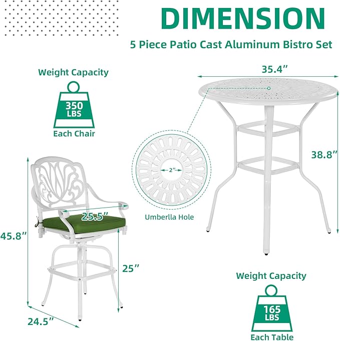 VIVIJASON 5-Piece Patio Swivel Bar Stools Set, All Weather Cast Aluminum Outdoor Bar Height Bistro Set with 4 Cushioned Bar Chairs & 35.4" High Bar Table w/Umbrella Hole for Backyard, Lawn, White