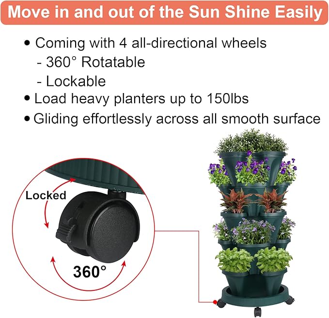 GameXcel Vertical Planter 5 Tier Stackable Planters Garden Planters Strawberry Herb Flower and Vegetable Planter Indoor Outdoor Gardening Pots with Removable Wheels and Tools