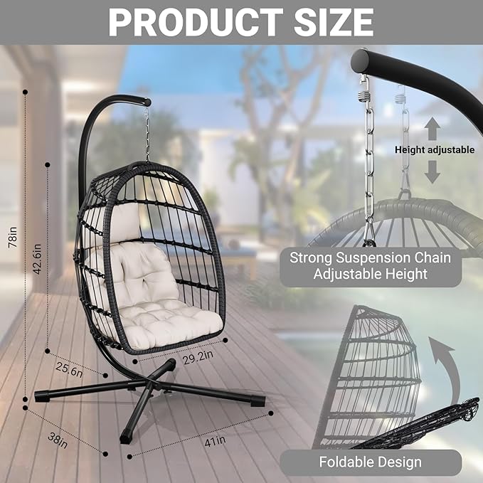 CHABATREE Egg Chair with Stand,Patio Rattan Wicker Hanging Swing Egg Chair Hammock Chair for Bedroom Porch Garden,Thickened Aluminum Alloy Steel Frame and UV Resistant Cushion,350LBS Capacity