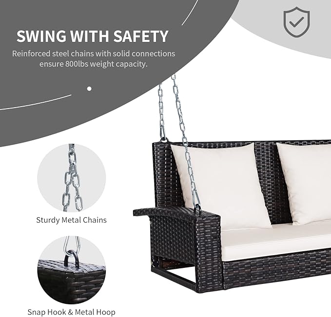 RELAX4LIFE Porch Swing 2-Seat Patio Rattan, Wicker Porch Swings Outdoor W/Two 7.9 Ft Solid Steel Chain, Comfortable Back & Seat Cushions, for Front Porch, Garden, Backyard Patio Swing (Beige)