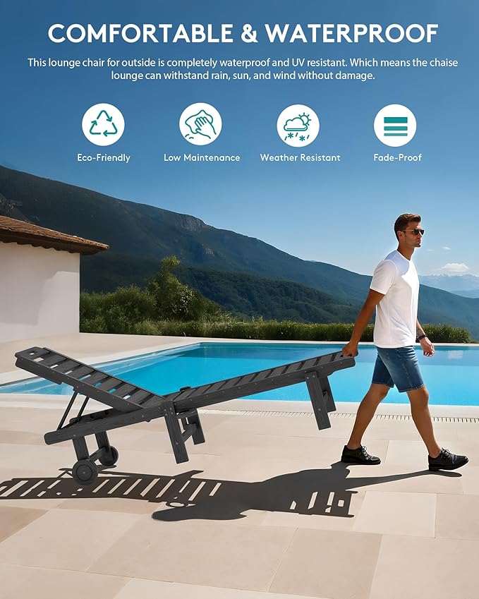 SERWALL Outdoor Chaise Lounge Set of 4, 78" Patio Lounge Chair with 5 Positions Adjustable Backrest, HDPE Lounger with Rolling Wheels & Cup Holder for Poolside, Beach, Garden, Grey