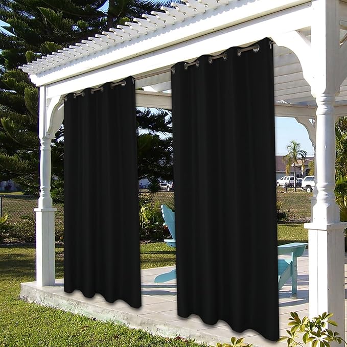 BONZER Waterproof Outdoor Curtains for Patio Porch Pergola Cabana Light Filtering Privacy Grommet Indoor Curtain Panels for Bedroom Living Room, 1 Panel, 84W x 120L inch, Black