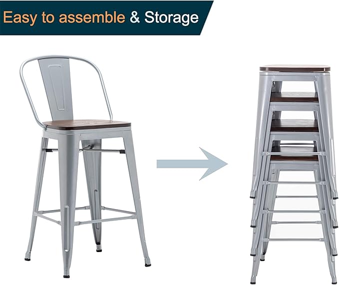 Alunaune 26" Swivel Metal Bar Stools Set of 4 High Back Counter Height Barstools Kitchen Dining Bar Chairs Industrial with Large Wooden Seat-Silver