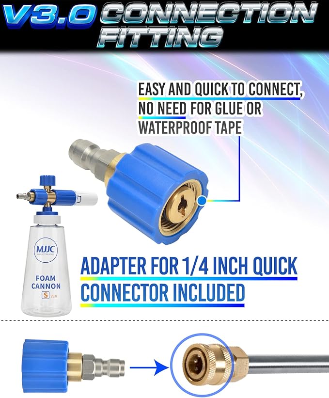 MJJC Foam Cannon S V3.0 (Thicker Snow Foam Technology) with 1/4 Inch Quick Connector for Pressure Washer Foam Soap(20 fl oz) Kit