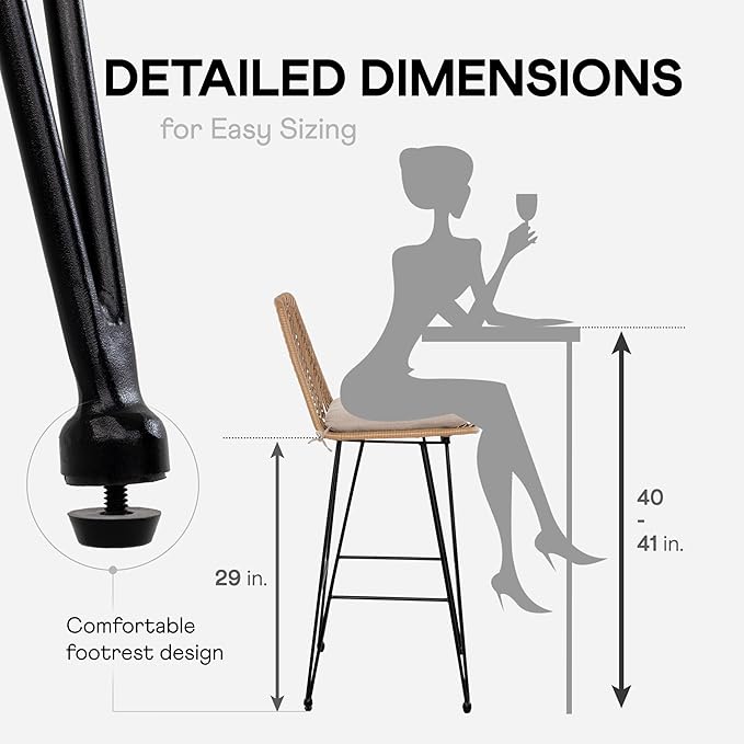 IDZO Outdoor Rattan Bar Stools Set of 2, 42-Inch Tall with 400lbs Weight Endurance, Featuring a Steel Frame and Comfort Cushions, Ideal Outdoor Bar Stools and Kitchen Island