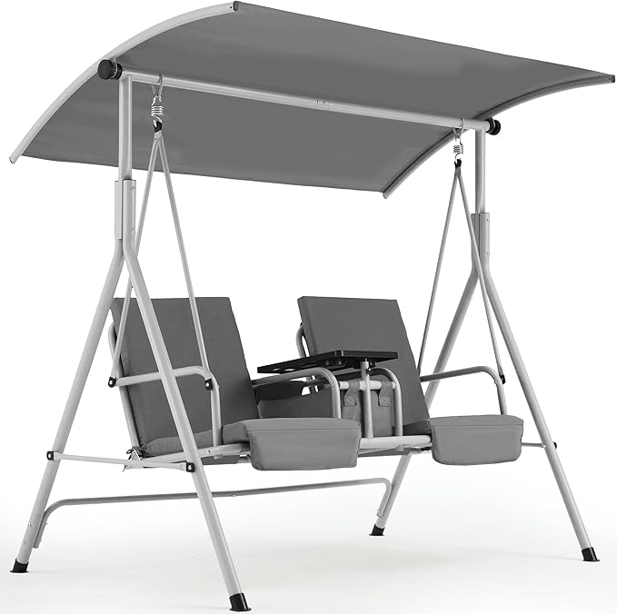 HOMREST 2 Seat Outdoor Porch Swing,Patio Swing with Adjustable Canopy, Heavy Duty 650 LBS Outdoor Swing with Pivot Storage Table & 2 Cup Holders & Cushions for Yard, Lawn, Backyard, Grey
