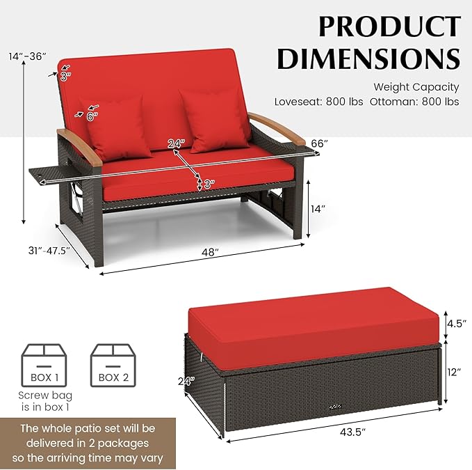 LDAILY Moccha Outdoor Wicker Daybed, Patio Rattan Loveseat Sofa w/ 4-Level Adjustable Backrest, Folding Panels, Storage Ottoman & Cushions, Lounge Furniture Set for Poolside Backyard Porch (Red)