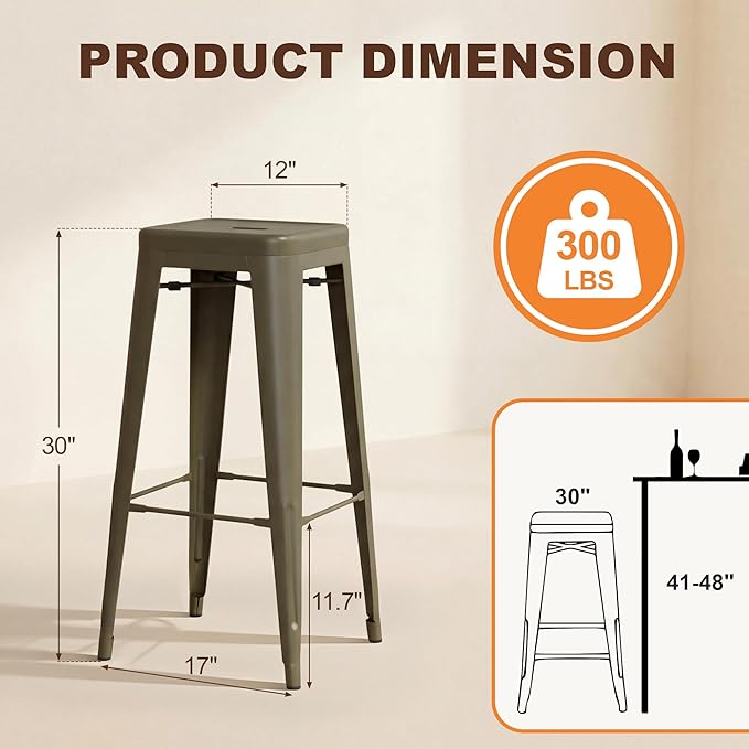Shahoo 30 Inches Metal Bar Stools Counter Height Stackable Backless Stools, Industrial Patio Stools Indoor Outdoor Metal Kitchen Stools Set of 4 (Gun, 30'')