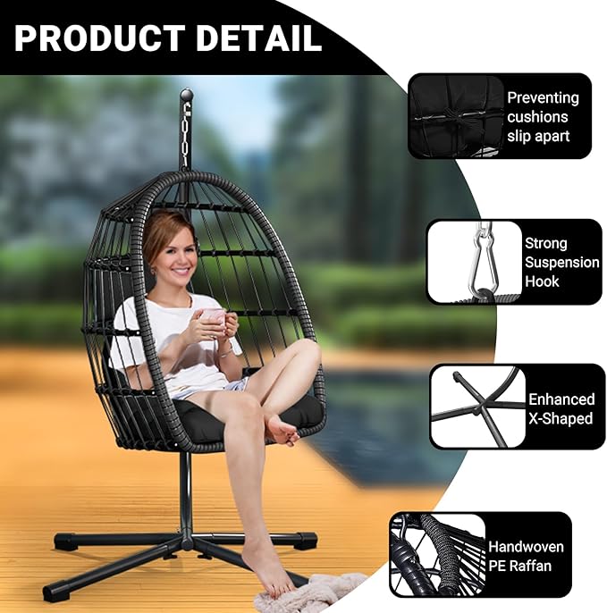 CHABATREE Egg Chair with Stand,Patio Rattan Wicker Hanging Swing Egg Chair Hammock Chair for Bedroom Porch Garden,Thickened Aluminum Alloy Steel Frame and UV Resistant Cushion,350LBS Capacity
