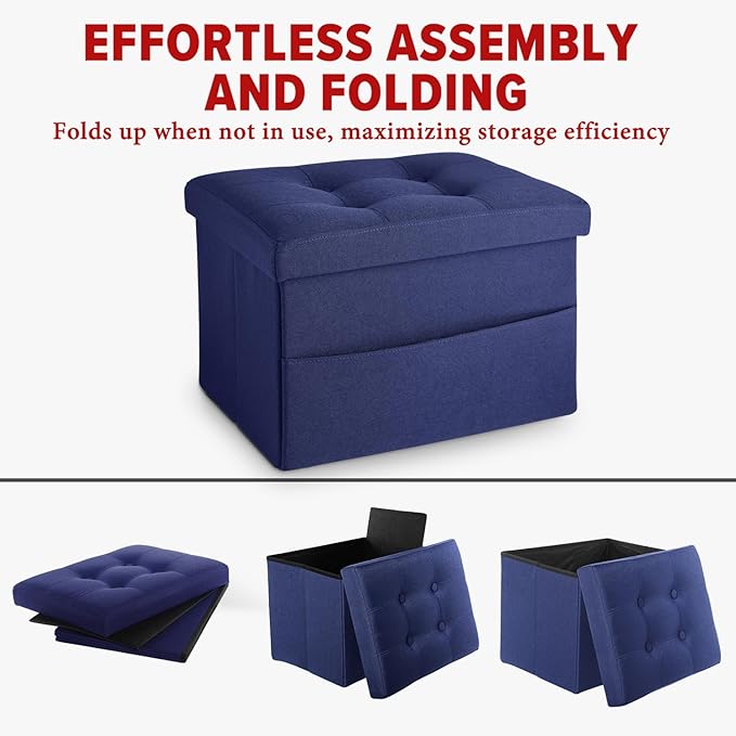 LINMAGCO Storage Ottoman Folding Foot Stool Foot Rest with Side Pocket Modern Ottoman with Storage Short Sofa Stool Linen Cloth 17x13x13(Navy)
