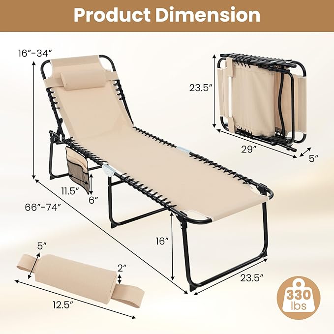GYMAX Lounge Chairs for Outside, Extra High Folding Beach Tanning Lounger with Adjustable Backrest, Footrest & Removable Pillow, Sunbathing Lounge for Patio, Poolside (2, Sand with Pocket)