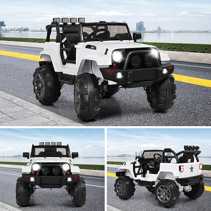 Costzon Ride On Car, 12V Battery Powered Electric Ride On Truck w/Parental Remote Control, LED Lights, Double Doors, Safety Belt, Music, MP3 Player, Spring Suspension (White)