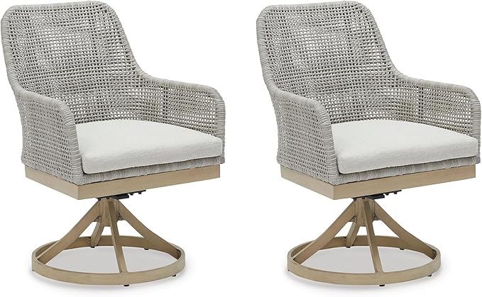 Signature Design by Ashley Seton Creek Cottage Nuvella Weather Resistant Fabric Outdoor Swivel Dining Chair with Cushion, Set of 2, Light Brown & Light Gray