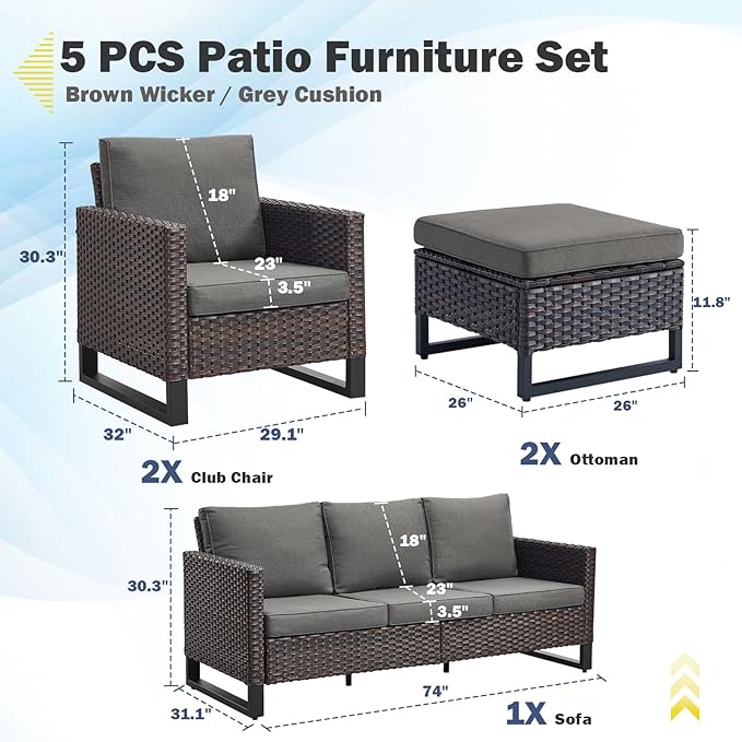 Belord Wicker Patio Furniture 5 Piece Outdoor Sofa Set, Oversize Outdoor Dining Chairs with Rattan Ottomans, Conversation Sets Patio Furniture Come with Removable Washable