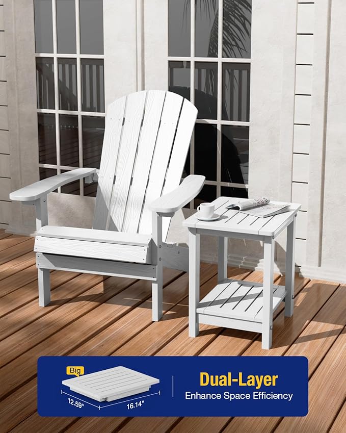 YEFU Outdoor Side Table for Patio: 16" HIPS Weather - Resistant Adirondack Tables Set of 2 - Small Square End Tables for Backyard Pool Porch Balcony - Indoor Outdoor Double Layer Table White