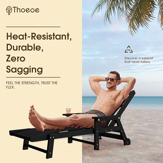 Patio Chaise Lounge Chair, Oversized Lounge Chair Outdoor with 5 Positions, HDPE, Patio Lounge Chair with Wheels & Cup Holder for Pool, Deck, Poolside,Black