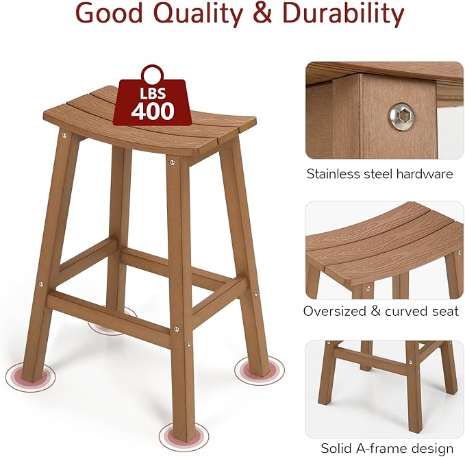 All-Weather Bar Stools Set of 2, 28" Height Outdoor Barstools with 400 lbs Weight Capacity, Looks Like Real Wood, for Bar, Kitchen Counter, Pool, and Patio, Teak