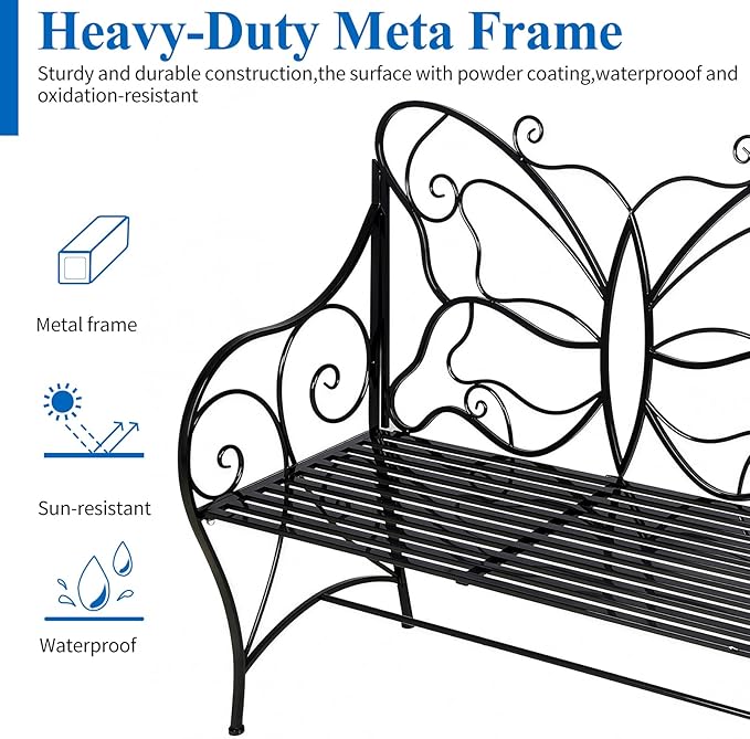 HLC Outdoor Bench Outdoor Sturdy Rust-Resistant Bench Butterfly Cast Iron with Armrests Park,Yard, Patio, Porch, Lawn Double Seats