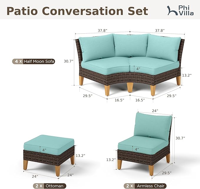 PHI VILLA 8-Piece Wicker Patio Furniture Set, Outdoor Half-Moon Curved Sectional Sofa with Cushions, 2 Ottomans, Large Conversation Seating for Garden or Backyard, Aqua Blue