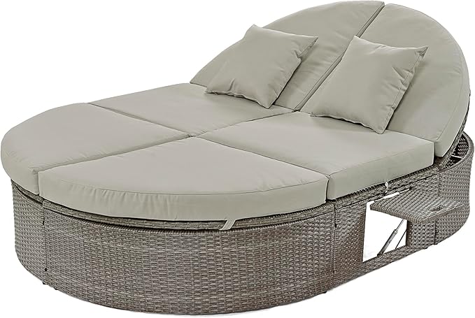 Merax Outdoor Sun Bed Patio 2-Person Daybed with Cushions and Pillows, Rattan Garden Reclining Chaise Lounge with Adjustable Backrests and Foldable Cup Trays for Lawn, Poolside, Grey