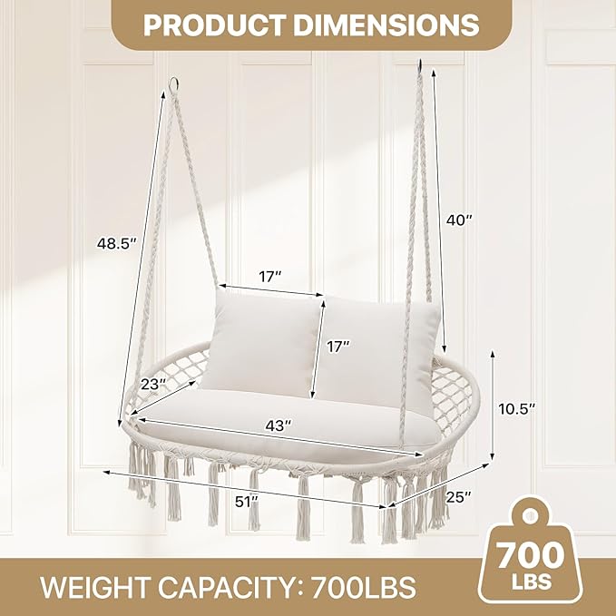 MoNiBloom Double Swing Chair with 3 Cushions for Outside, Large Hanging Macrame Swing Chair for Indoor/Outdoor Relax, Adult Hammock Boho Chair Max 700 lbs Capacity for Porch Balcony Backyard, Beige
