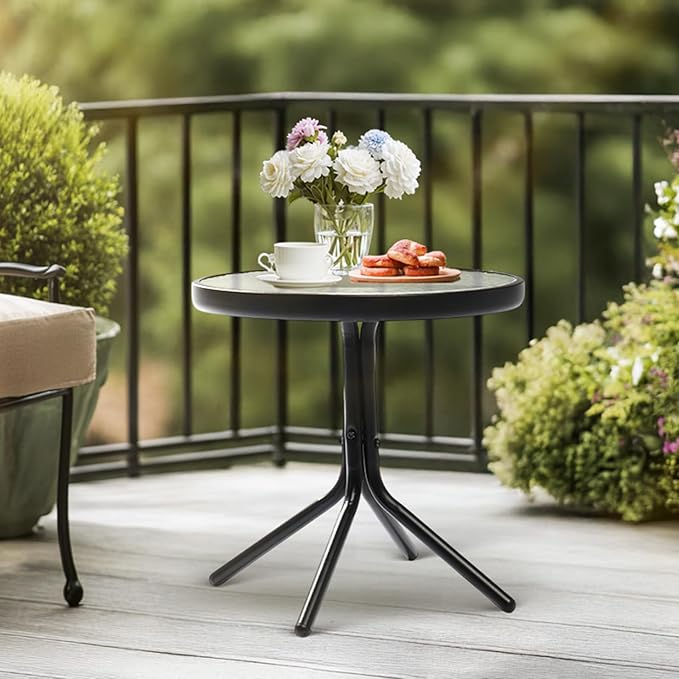 VINGLI Outdoor Side Table, 18" Patio Table Steel Frame Tempered Glass Top, Weatherproof Small Tables for Balcony Garden Poolside (Black, Round)