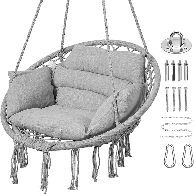 Goutime Hammock Chair, Macrame Hanging Swing Chairs with Cushion and Hardware Kit,Adult Boho Swings for Outside,Patio,Balcony,Bedroom (Light Grey)