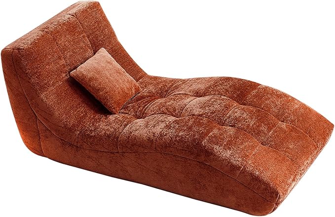 Chaise Lounge Chair with Curved Back, Modern Upholstered Recliner Sofa, Tufted Accent Lounger Comfortable Lazy Chair for Bedroom, Apartment (Orange)