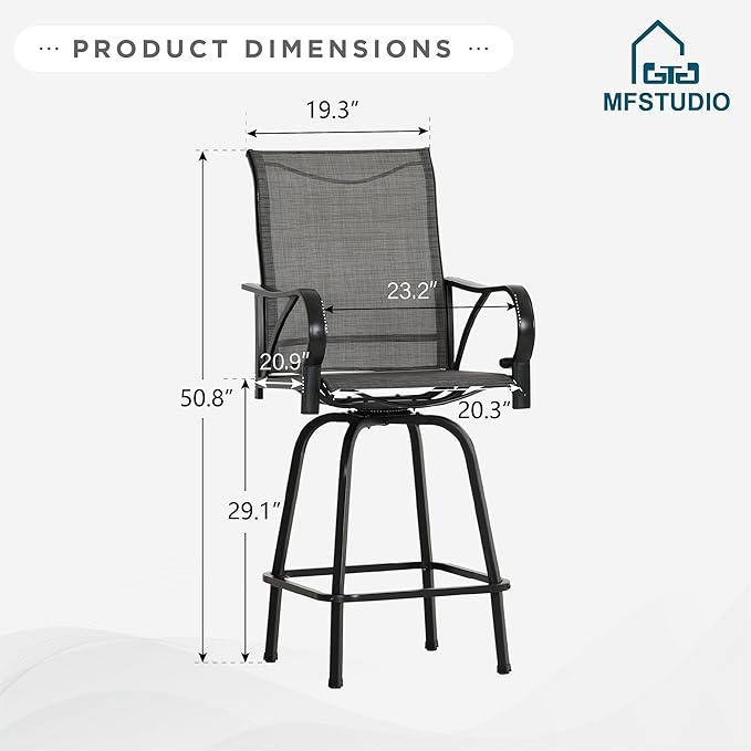 MFSTUDIO Outdoor Bar Stools Set of 6, Swivel Bar Height Patio Chairs Outdoor Barstools High Top Patio Swivel Bar Chairs with Armrest, Breathable Textilene, Grey