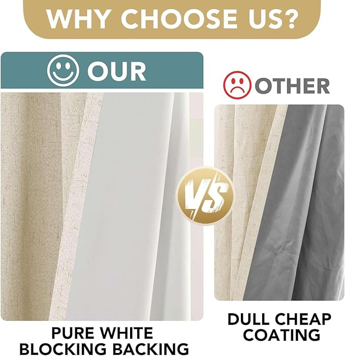 H.VERSAILTEX Linen Curtains 100% Blackout Curtains for Bedroom 102 inch Long Full Light Blocking Nature Linen Blended Window Curtains for Living Room Nickel Grommet (2 Panels, Bleached Sand)