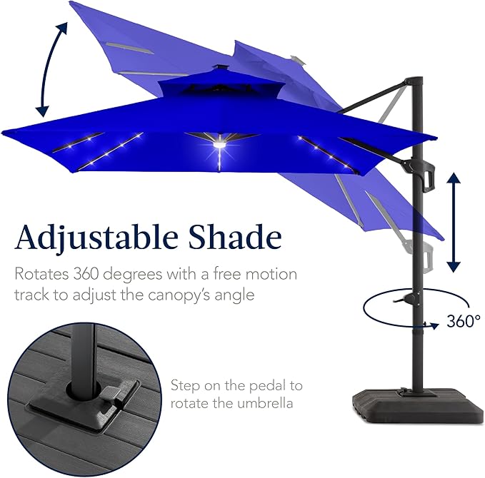 Best Choice Products 12x12ft LED Cantilever Patio Umbrella w/Base Included & 360° Rotation, Large Solar Offset Hanging Outdoor Sun Shade for Deck, Backyard Table w/Stand & Lights – Resort Blue