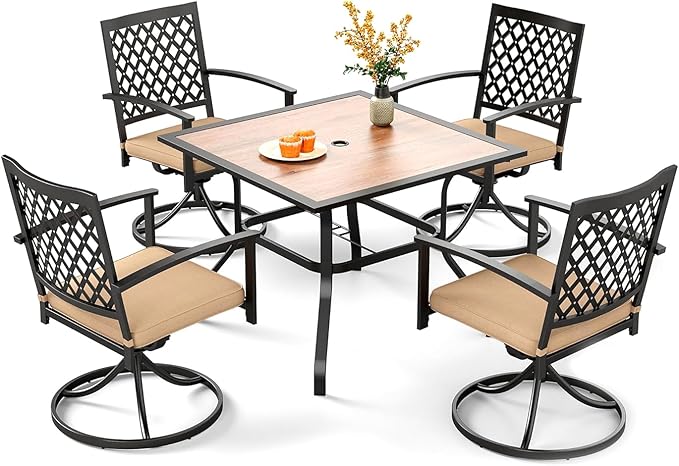 PHI VILLA 5 Pieces Outdoor Dining Set for 4, 37” Square Metal Steel Table with Polywood Tabletop & Swivel Wrought Iron Chairs with Cushions, Outside Furniture Set for Patio, Deck, Yard, Porch