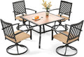 PHI VILLA 5 Pieces Outdoor Dining Set for 4, 37” Square Metal Steel Table with Polywood Tabletop & Swivel Wrought Iron Chairs with Cushions, Outside Furniture Set for Patio, Deck, Yard, Porch