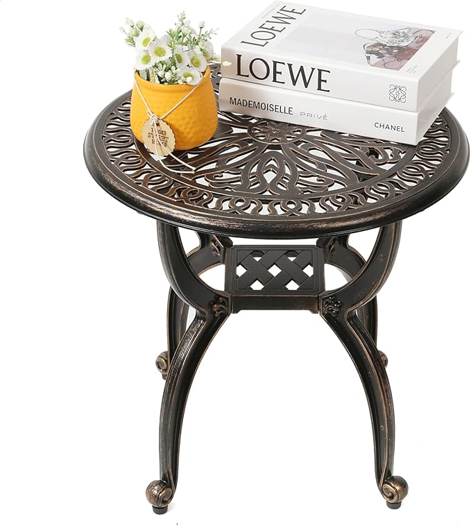 C/G Cast Aluminum Side Table,Decorative Outdoor End Table, Ornate Floral Pattern (Round, Copper)