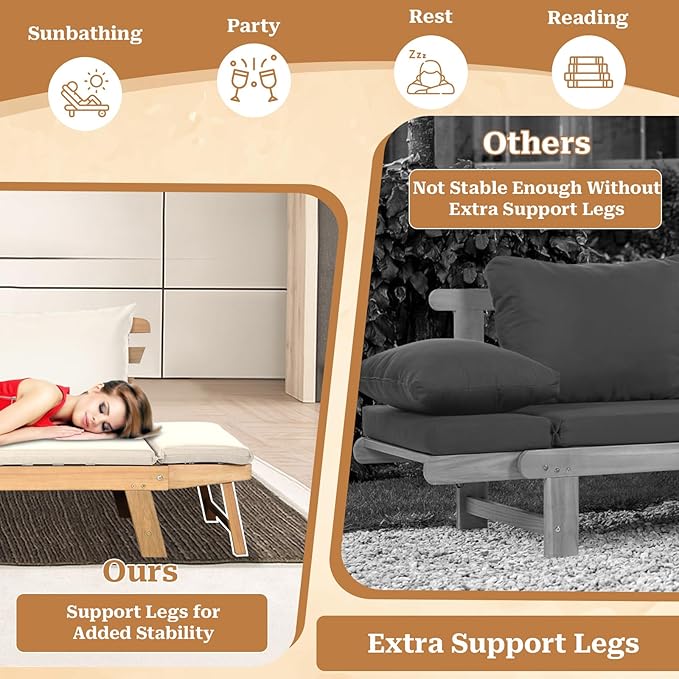 S AFSTAR Patio Convertible Couch Sofa Bed, Acacia Wood Chaise Lounger with Adjustable Armrest, Cushion & Pillows, Outdoor Daybed Loveseat Furniture for Backyard, Garden, Poolside, Porch