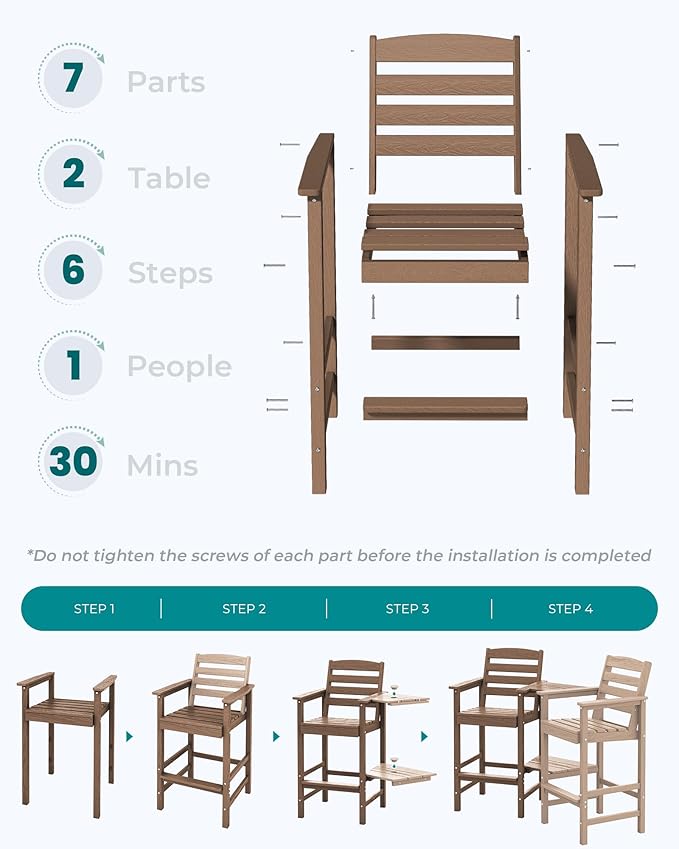 SERWALL Tall Adirondack Chairs Set of 2 with Connecting Table, Balcony Adirondack Chairs Set, Outdoor Bar Height Barstools Chair Set for Bistro, Poolside, Garden, Brown