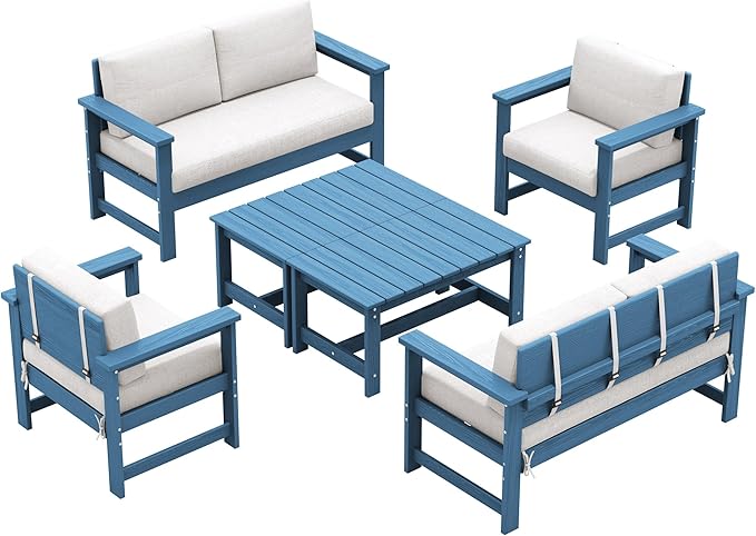 SERWALL 6 Pieces HDPE Outdoor Sofa Set with Cushions, Outdoor Conversation Couch Loveseat Furniture Set with Coffee Table for Balcony, Deck, Poolside, Black Frame with Khaki Cushions