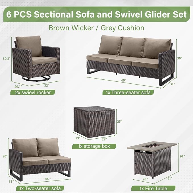 Belord 6-Piece Outdoor Sectional Furniture Set with 41” Fire Pit Table, 5-Seater Patio Furniture Set with Swivel Glider Chairs & Storage Box, 50000 BTU Propane Fire Pit Table, All-Weather PE Wicker