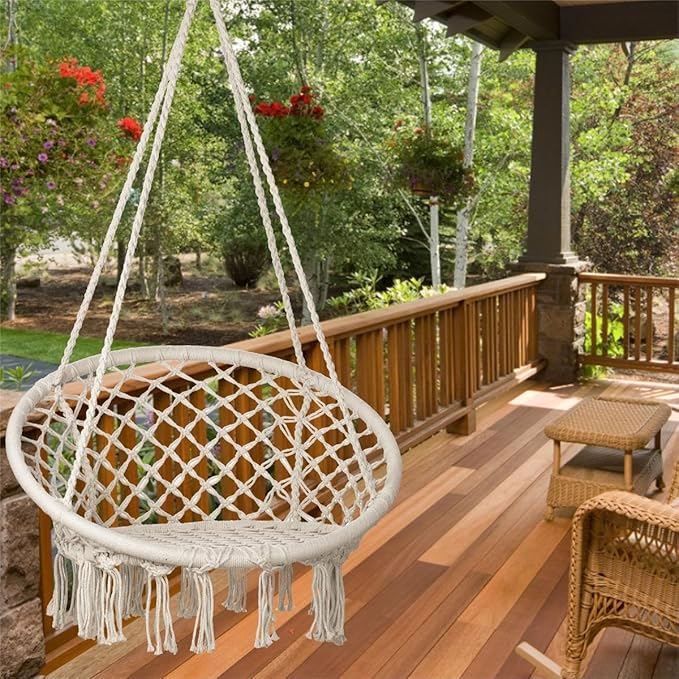 Sonyabecca LED Macrame Hammock Hanging Swinging Chair, Indoor/Outdoor Hanging Chair with 472" LED String for Bedroom, Patio, Deck, Yard, and Garden, Comfy Large Size 55x75 cm (No Stand)