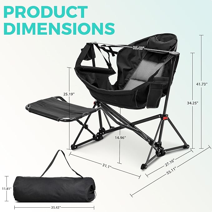 Ainfox Hammock Chair with Footrest, Oversized Swinging Portable Folding Camping Chairs for Adults Outside Swinging Camp with Cup Holder Pillow for Outdoor Patio Lawn Black