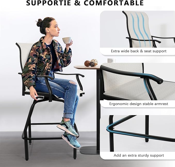 LEVELEVE Patio Bar Set 4pcs Swivel Bar Stools Outdoor Bistro Textilene Furniture Stability All-Weather Set (Beige Fabric)