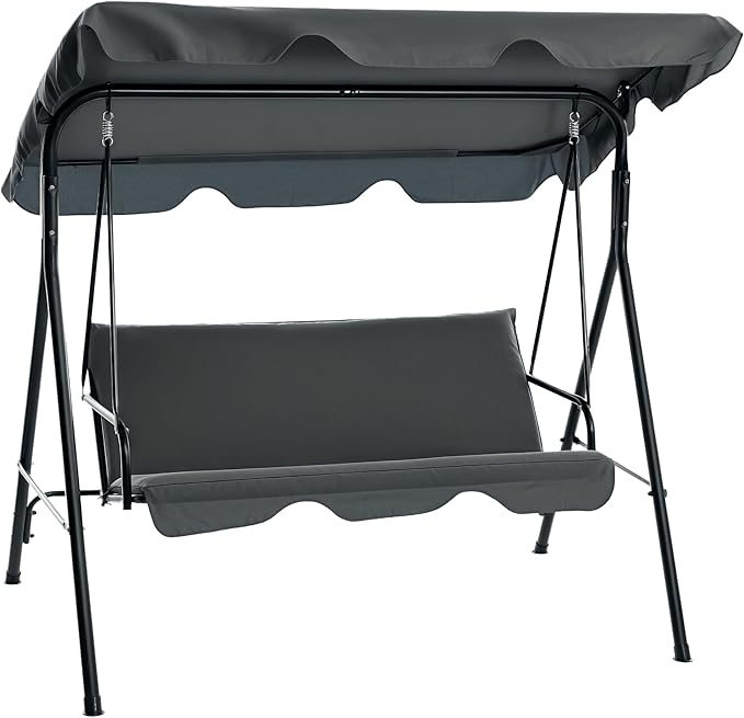 Outsunny 3-Seat Outdoor Patio Swing Chair with Removable Cushion, Steel Frame Stand and Adjustable Tilt Canopy for Patio, Garden, Poolside, Balcony, Backyard, Gray