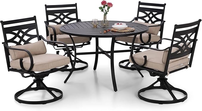 Sophia and William Swivel Patio Dining Set for 4, Outdoor Table and Chairs, Removable Seat Cushions, Black 42" Round Patio Dining Table